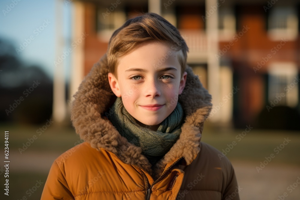 Close-up portrait photography of a glad boy in his 30s wearing a cozy winter coat against a historic plantation background. With generative AI technology Close-up portrait photography of a glad boy in his 30s wearing a cozy winter coat against a historic plantation background. With generative AI technology