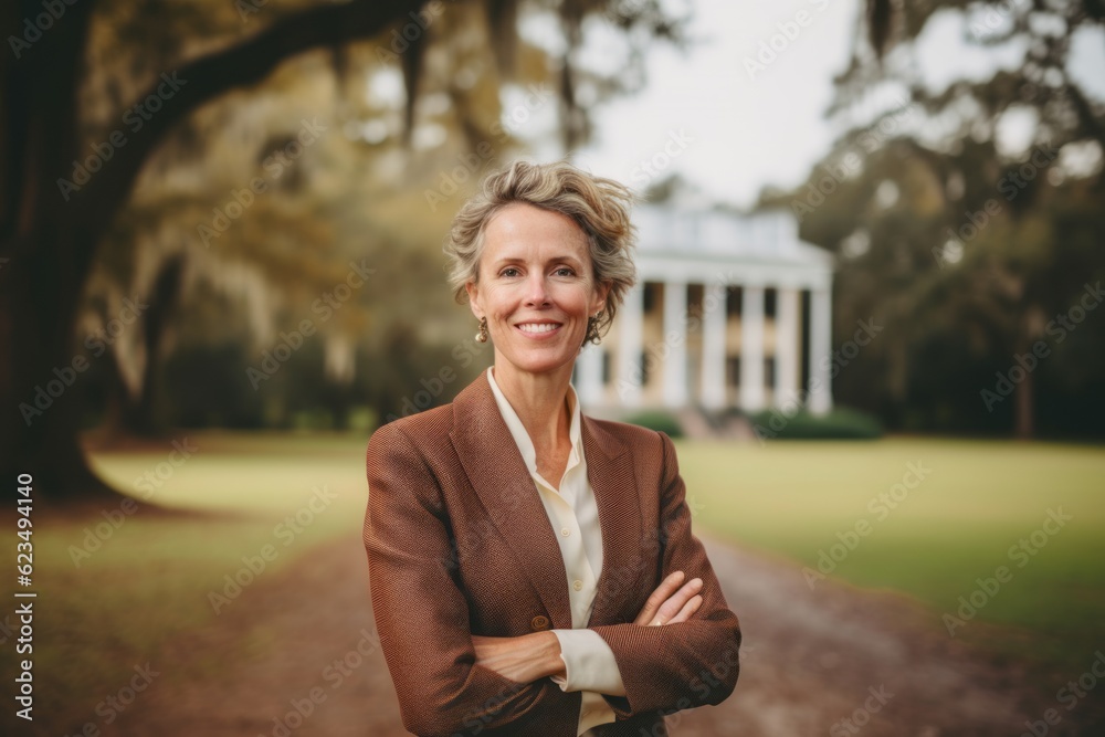 Medium shot portrait photography of a happy mature girl wearing a sleek suit against a historic plantation background. With generative AI technology Medium shot portrait photography of a happy mature girl wearing a sleek suit against a historic plantation background. With generative AI technology