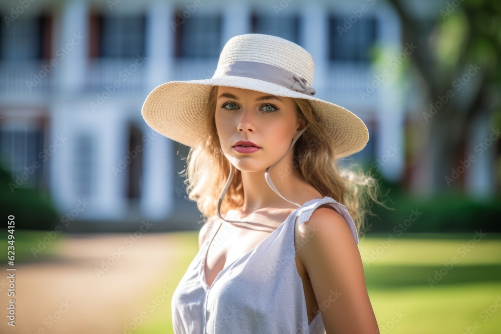 Sports portrait photography of a tender mature girl wearing a stylish sun hat against a historic plantation background. With generative AI technology