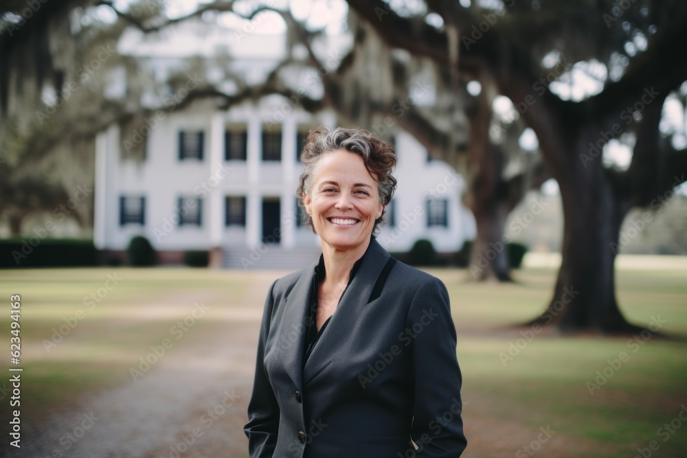 Medium shot portrait photography of a happy mature girl wearing a sleek suit against a historic plantation background. With generative AI technology Medium shot portrait photography of a happy mature girl wearing a sleek suit against a historic plantation background. With generative AI technology