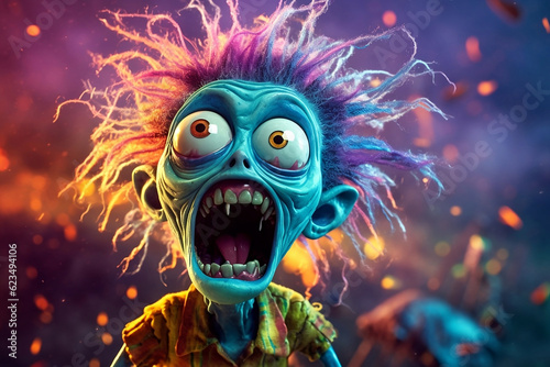 Funny expression of zombie who has just realized he is a zombie with vibrant vivid color in cartoonish 3d style 