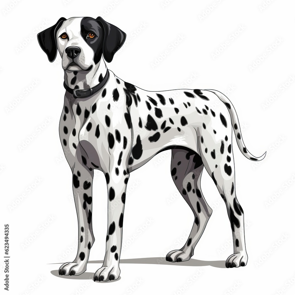 a Dalmatian dog standing on a white background