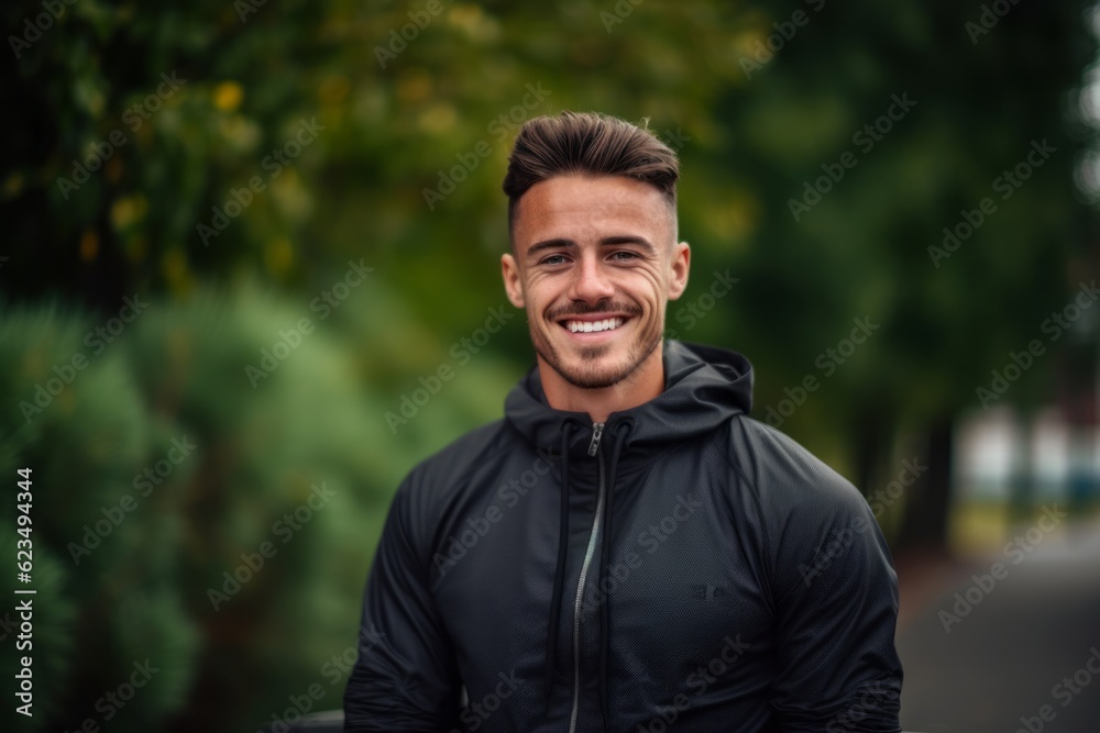 Sports portrait photography of a grinning boy in his 30s wearing a comfortable tracksuit against a vibrant city park background. With generative AI technology