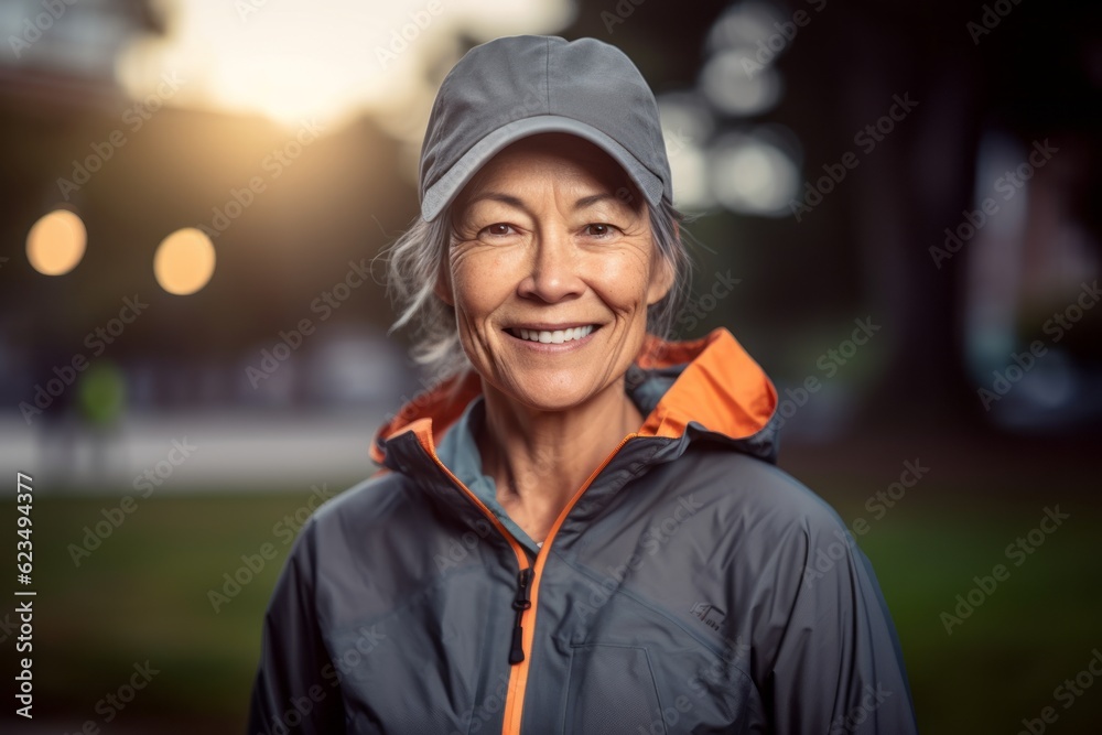 Three-quarter studio portrait photography of a satisfied mature girl wearing a lightweight windbreaker against a vibrant city park background. With generative AI technology Three-quarter studio portrait photography of a satisfied mature girl wearing a lightweight windbreaker against a vibrant city park background. With generative AI technology