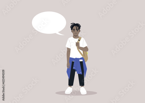 A full body portrait of a school kid carrying a backpack on one strap, a comic book speech bubble with a copy space beside