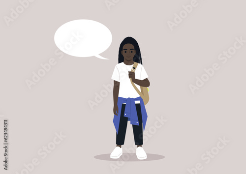 A full body portrait of a school kid carrying a backpack on one strap, a comic book speech bubble with a copy space beside