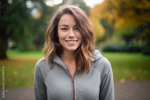 Photography in the style of pensive portraiture of a happy girl in her 30s wearing a cozy zip-up hoodie against a vibrant city park background. With generative AI technology