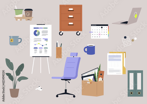 A detailed office set, furniture and stationery