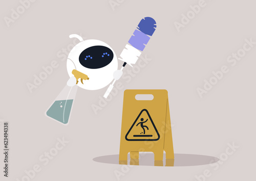 A robot cleaning the apartment, a feather duster a spray detergent, and a yellow caution sign