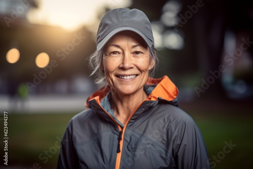 Three-quarter studio portrait photography of a satisfied mature girl wearing a lightweight windbreaker against a vibrant city park background. With generative AI technology