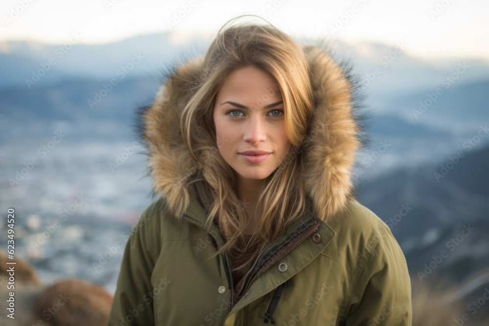 Studio portrait photography of a glad girl in her 30s wearing a warm parka against a scenic mountain overlook background. With generative AI technology
