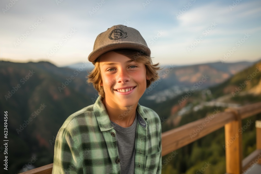 Medium shot portrait photography of a happy boy in his 30s wearing a cool cap or hat against a scenic mountain overlook background. With generative AI technology