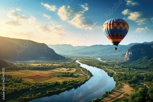 Beautiful view of mountains and lake, aerostat fly hot baloon