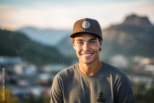 Medium shot portrait photography of a happy boy in his 30s wearing a cool cap or hat against a scenic mountain overlook background. With generative AI technology © Markus Schröder