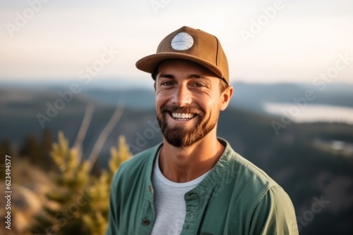 Medium shot portrait photography of a happy boy in his 30s wearing a cool cap or hat against a scenic mountain overlook background. With generative AI technology
