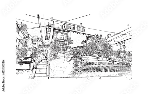  Building view with landmark of Puerto Vallarta
city in Mexico. Hand drawn sketch illustration in vector.