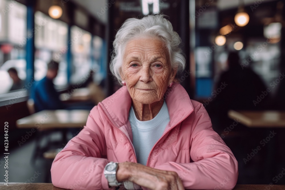 Eclectic portrait photography of a tender old woman wearing a comfortable tracksuit against a bustling cafe background. With generative AI technology Eclectic portrait photography of a tender old woman wearing a comfortable tracksuit against a bustling cafe background. With generative AI technology