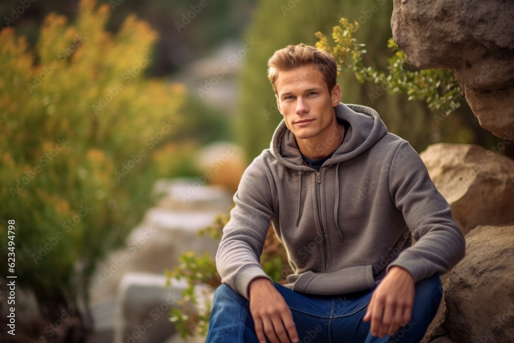 Editorial portrait photography of a satisfied boy in his 30s wearing a comfortable hoodie against a serene rock garden background. With generative AI technology Editorial portrait photography of a satisfied boy in his 30s wearing a comfortable hoodie against a serene rock garden background. With generative AI technology