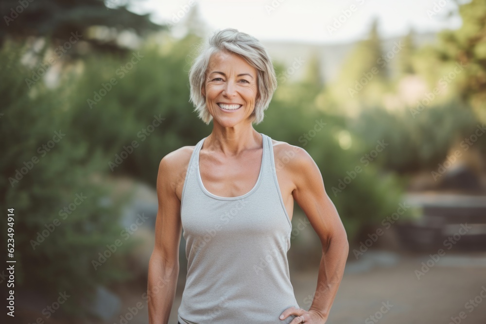 Editorial portrait photography of a satisfied mature woman wearing a sporty tank top against a serene rock garden background. With generative AI technology Editorial portrait photography of a satisfied mature woman wearing a sporty tank top against a serene rock garden background. With generative AI technology