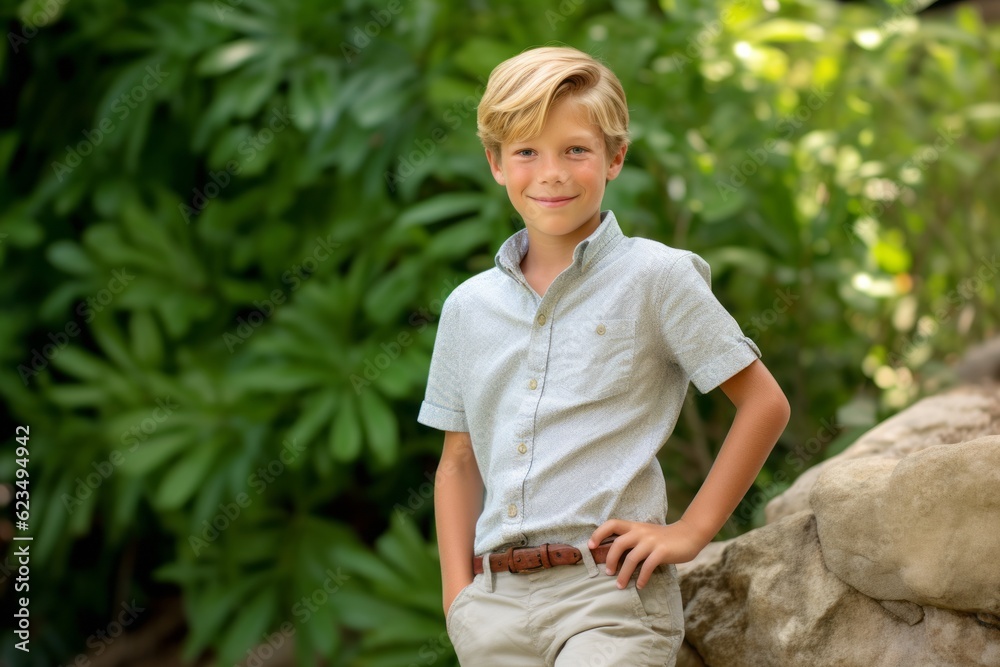 Φωτογραφία Studio portrait photography of a happy mature boy wearing breezy shorts against a serene rock garden background