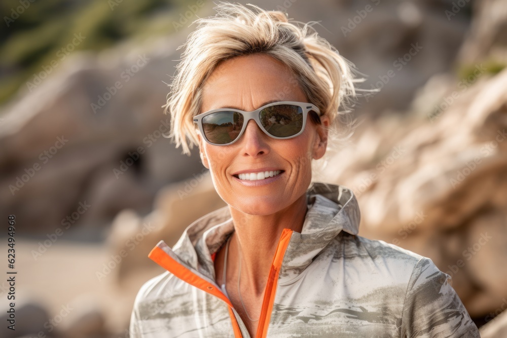 Φωτογραφία Sports portrait photography of a satisfied mature girl wearing a trendy sunglasses against a serene rock garden background