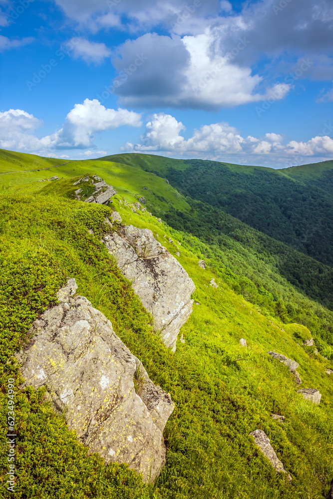 Beautiful view on the Ukrainian Polonynian Beskids to the mountains and valleys. Rocky peaks of the Ukrainian Carpathians in summer. Water-making ridge in the Carpathians, Carpathian mountains Beautiful view on the Ukrainian Polonynian Beskids to the mountains and valleys. Rocky peaks of the Ukrainian Carpathians in summer. Water-making ridge in the Carpathians, Carpathian mountains