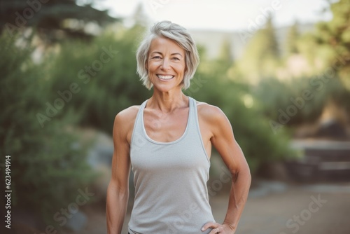 Editorial portrait photography of a satisfied mature woman wearing a sporty tank top against a serene rock garden background. With generative AI technology © Markus Schröder