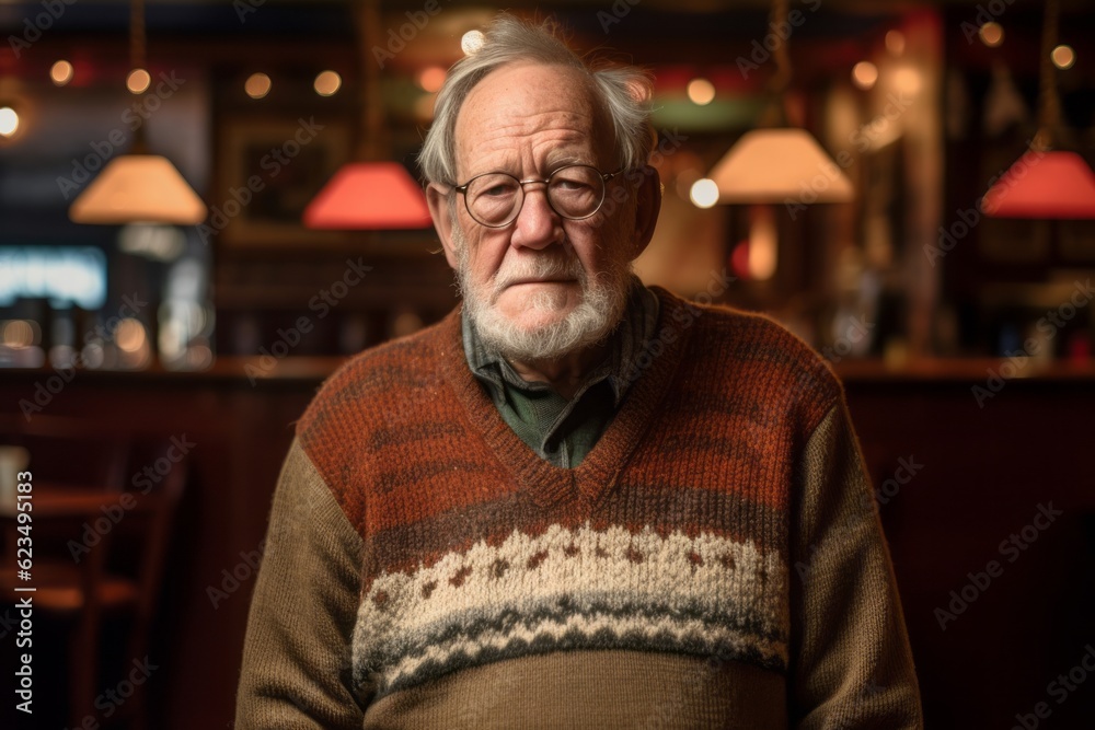 Photography in the style of pensive portraiture of a glad old man wearing a cozy sweater against a lively comedy club background. With generative AI technology Photography in the style of pensive portraiture of a glad old man wearing a cozy sweater against a lively comedy club background. With generative AI technology