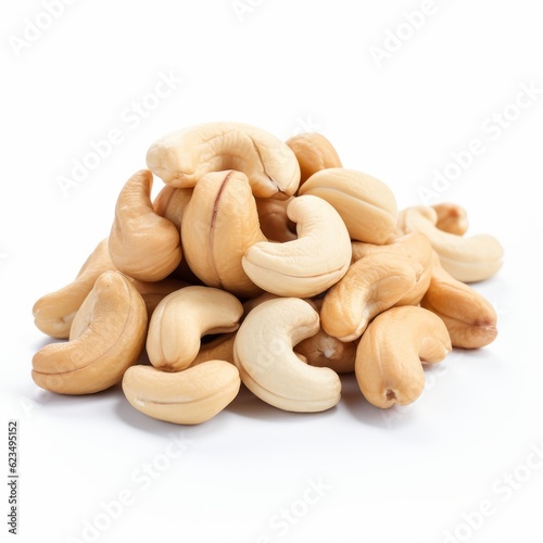 Photo of a heap of cashews on a clean white surface.generative ai