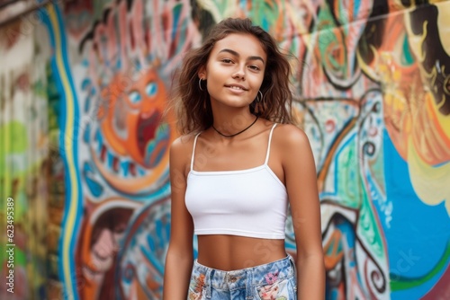 Urban fashion portrait photography of a glad mature girl wearing a cute crop top against a vibrant street mural background. With generative AI technology