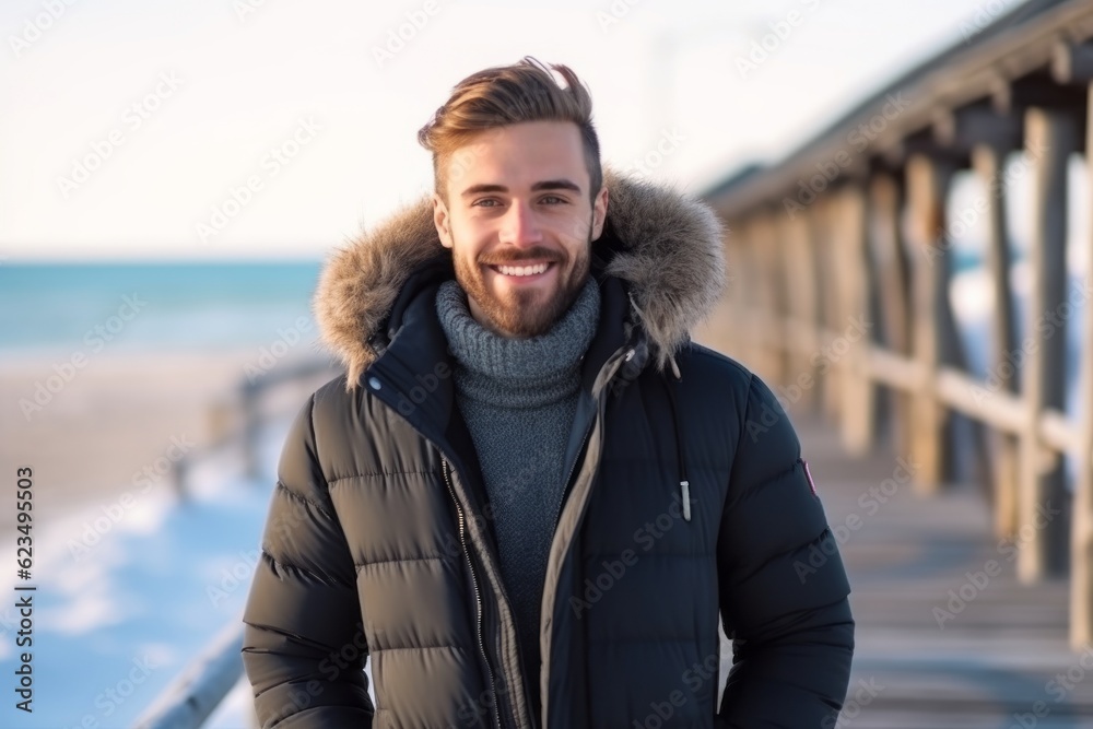 Medium shot portrait photography of a glad boy in his 30s wearing a cozy winter coat against a scenic beach pier background. With generative AI technology Medium shot portrait photography of a glad boy in his 30s wearing a cozy winter coat against a scenic beach pier background. With generative AI technology