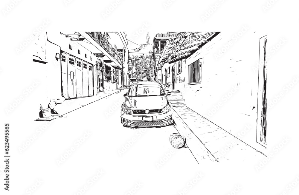 Building view with landmark of Puerto Vallarta city in Mexico. Hand