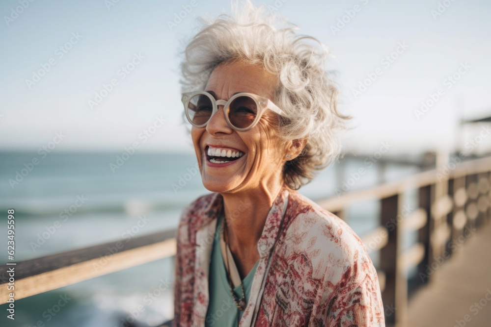 Lifestyle portrait photography of a grinning old woman wearing a trendy sunglasses against a scenic beach pier background. With generative AI technology Lifestyle portrait photography of a grinning old woman wearing a trendy sunglasses against a scenic beach pier background. With generative AI technology