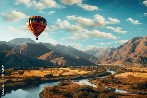 Beautiful view of mountains and lake, aerostat fly hot baloon