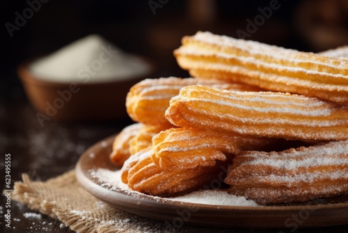 Traditional Spanish dessert churros with sugar and chocolate set, on dark background. Piles of sugar powder churros dessert. 