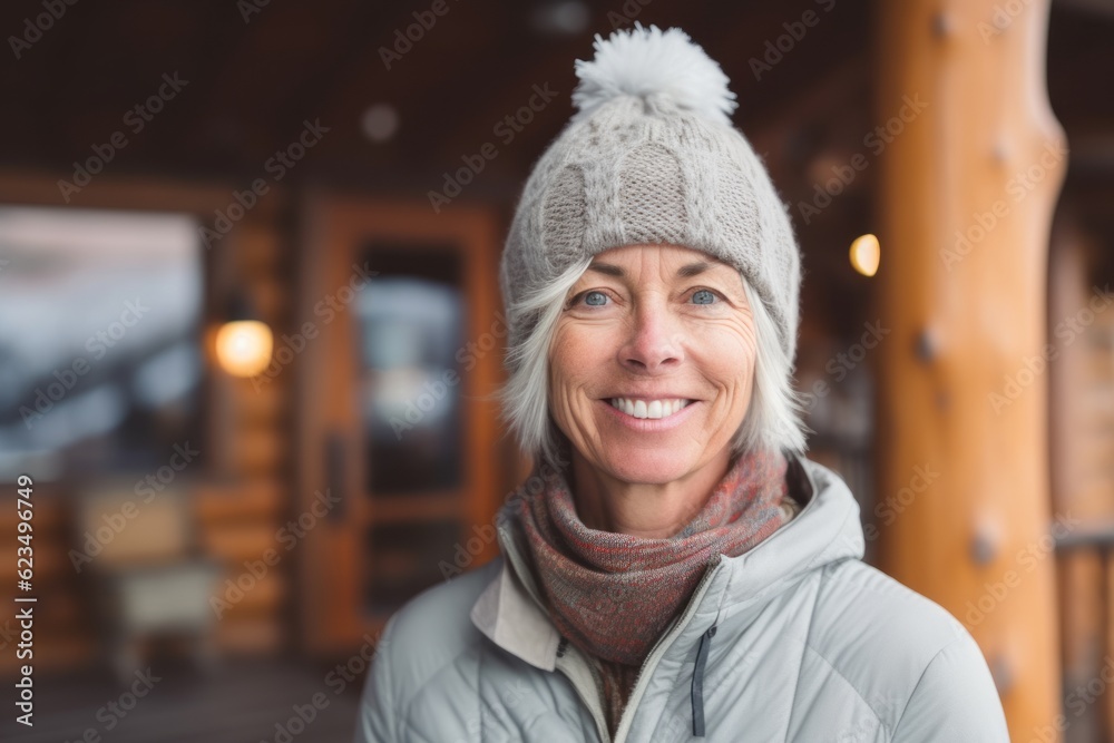 Studio portrait photography of a grinning mature woman wearing a warm beanie or knit hat against a cozy mountain lodge background. With generative AI technology Studio portrait photography of a grinning mature woman wearing a warm beanie or knit hat against a cozy mountain lodge background. With generative AI technology