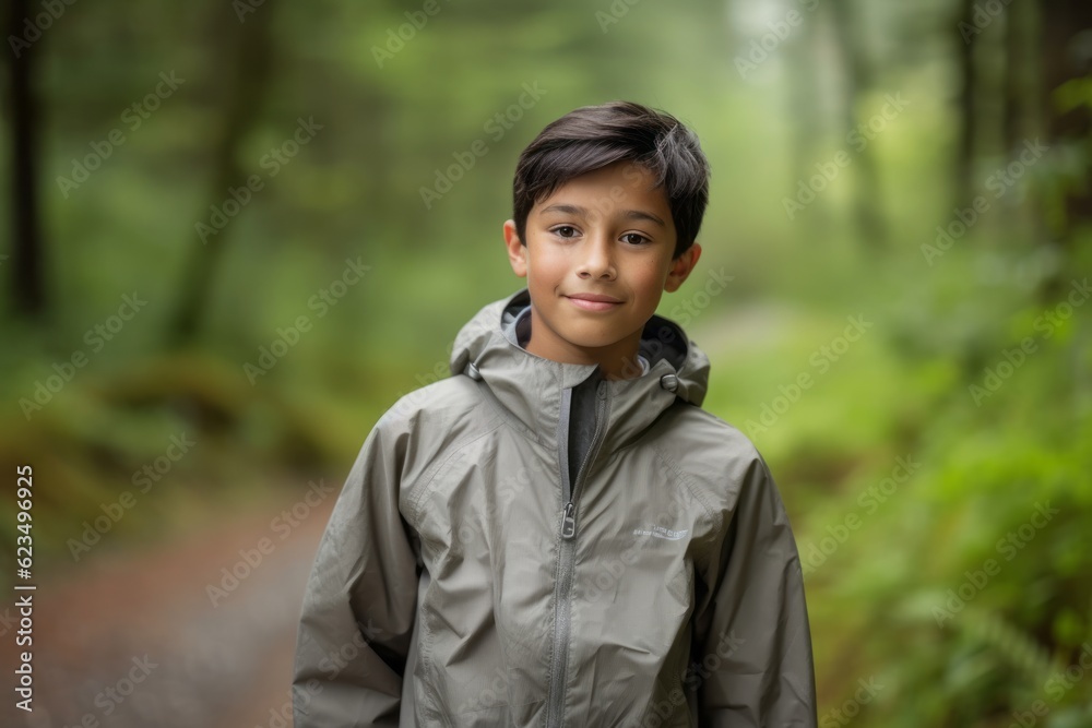 Lifestyle portrait photography of a tender mature boy wearing a lightweight windbreaker against a serene nature trail background. With generative AI technology Lifestyle portrait photography of a tender mature boy wearing a lightweight windbreaker against a serene nature trail background. With generative AI technology