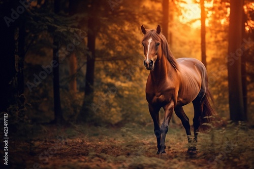 Horse in the forest at sunset