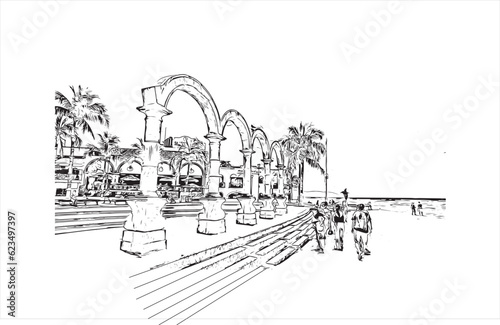  Building view with landmark of Puerto Vallarta
city in Mexico. Hand drawn sketch illustration in vector.