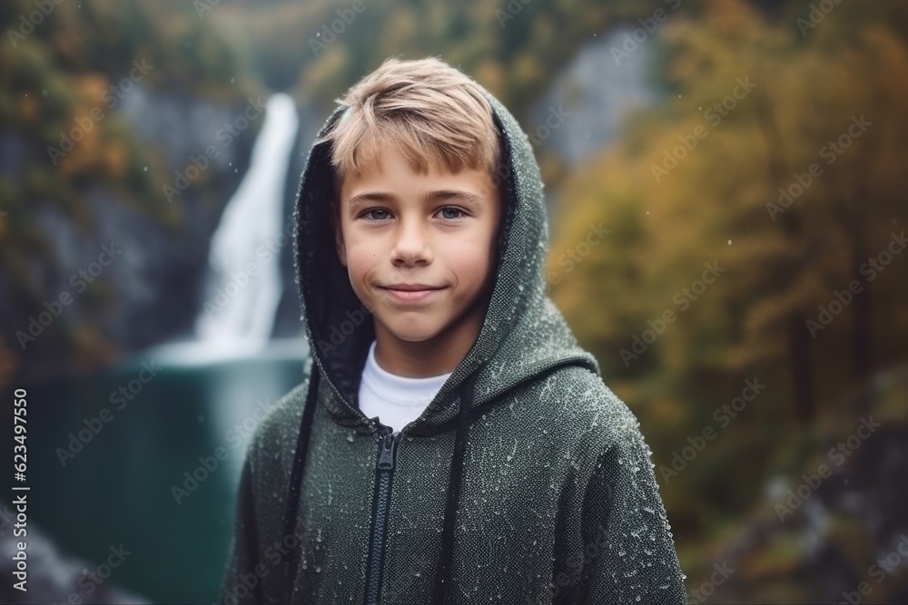 Close-up portrait photography of a glad kid male wearing a stylish hoodie against a picturesque waterfall background. With generative AI technology Close-up portrait photography of a glad kid male wearing a stylish hoodie against a picturesque waterfall background. With generative AI technology
