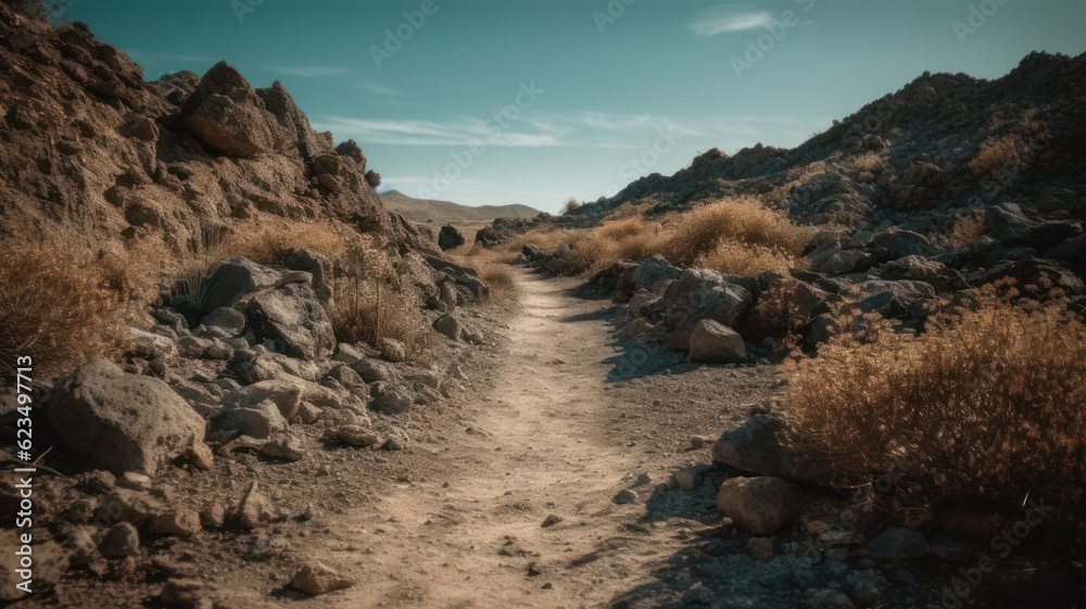 Dirt path leading to rocky landscape. Generative AI