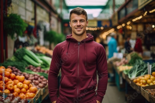 Environmental portrait photography of a glad boy in his 30s wearing a comfortable tracksuit against a vibrant farmer's market background. With generative AI technology