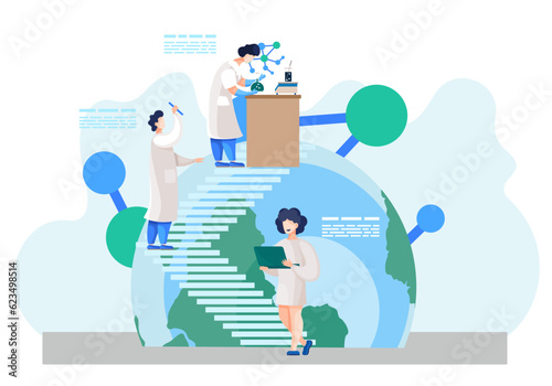 Scientists in lab. People in white coat work with glass flask and a test tube, chemical researchers with laboratory equipment. Illustration of science experiment in lab with green and yellow globe