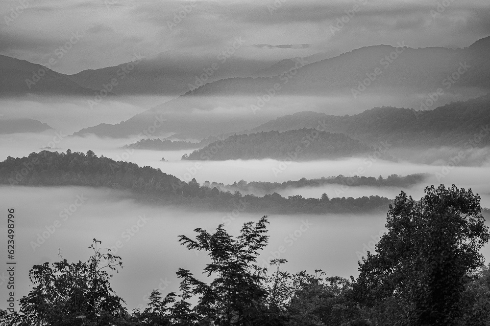Fog nestles in the French Broad River Basin creating fog islands in the Blue Ridge Mountains