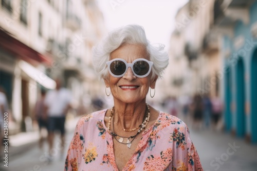 Urban fashion portrait photography of a tender old woman wearing a cute swimsuit and trendy sunglasses against a bustling city square background. With generative AI technology