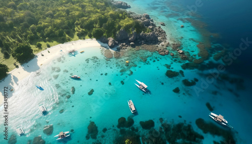 Breathtaking summer paradise: Aerial view of crystal clear water, pristine white beach, and long tail boats on a tropical island