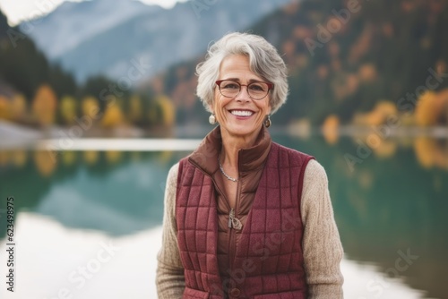 Medium shot portrait photography of a grinning mature girl wearing a fashionable vest against a serene alpine lake background. With generative AI technology