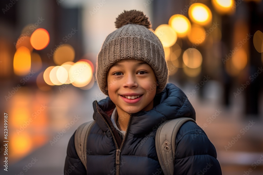 Editorial portrait photography of a glad kid male wearing a warm beanie against a lively downtown street background. With generative AI technology Editorial portrait photography of a glad kid male wearing a warm beanie against a lively downtown street background. With generative AI technology