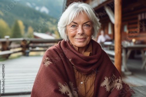 Close-up portrait photography of a glad old woman wearing a chic cardigan against a picturesque mountain chalet background. With generative AI technology © Markus Schröder