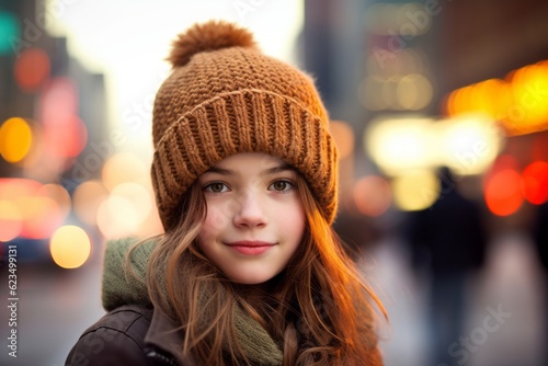 Urban fashion portrait photography of a tender kid female wearing a warm beanie or knit hat against a lively downtown street background. With generative AI technology